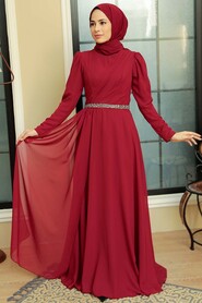Neva Style - Plus Size Claret Red Islamic Long Sleeve Dress 5737BR - Thumbnail