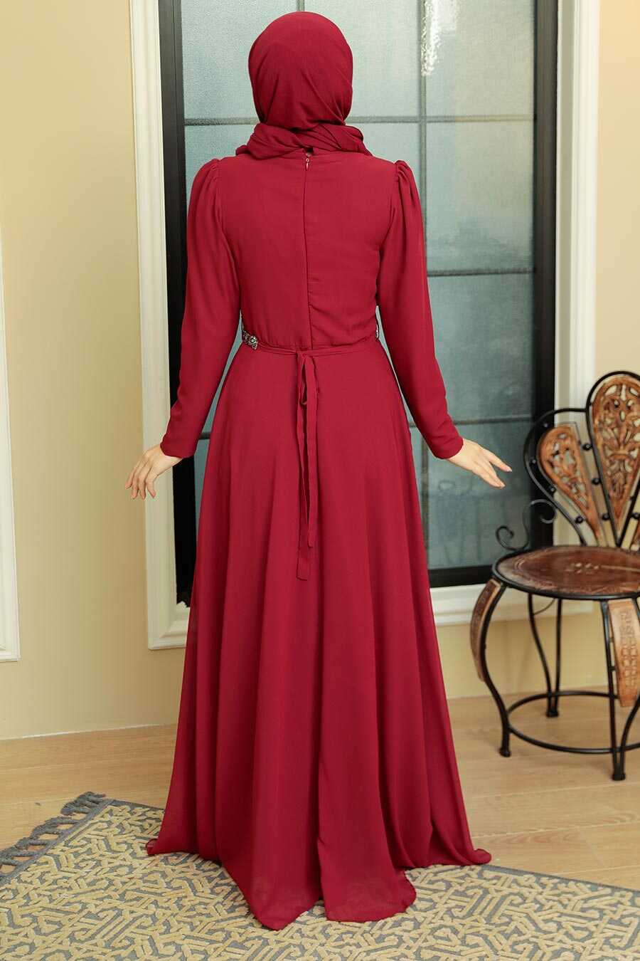 Neva Style - Plus Size Claret Red Islamic Long Sleeve Dress 5737BR