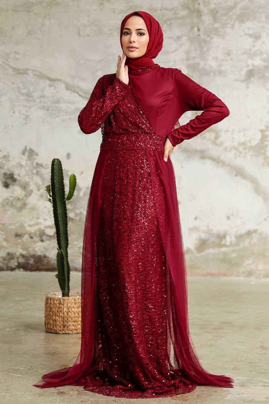 Neva Style - Plus Size Claret Red Islamic Wedding Dress 5345BR