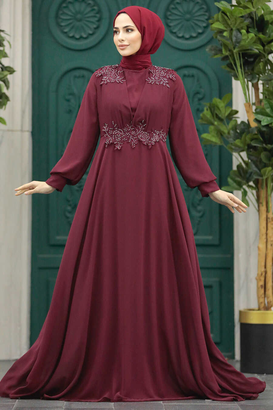 Neva Style - Plus Size Claret Red Modest Islamic Clothing Evening Dress 22113BR