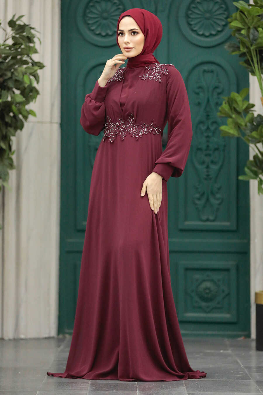 Neva Style - Plus Size Claret Red Modest Islamic Clothing Evening Dress 22113BR