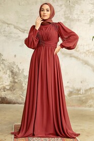 Neva Style - Plus Size Dark Terra Cotta Islamic Clothing Evening Dress 21940KKRMT - Thumbnail