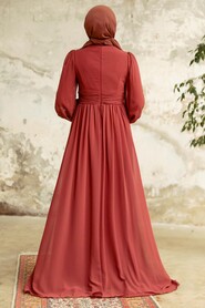 Neva Style - Plus Size Dark Terra Cotta Islamic Clothing Evening Dress 21940KKRMT - Thumbnail