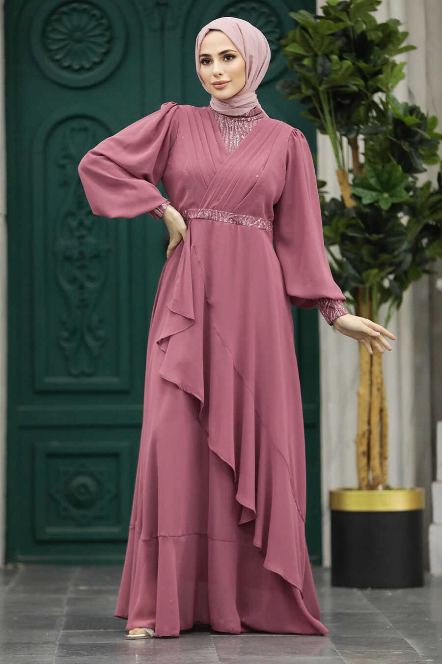 Neva Style - Plus Size Dusty Rose Islamic Clothing Evening Dress 22201GK