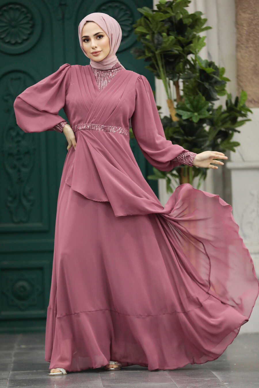 Neva Style - Plus Size Dusty Rose Islamic Clothing Evening Dress 22201GK