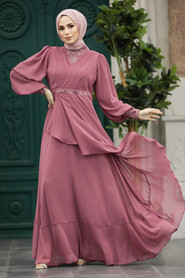 Neva Style - Plus Size Dusty Rose Islamic Clothing Evening Dress 22201GK - Thumbnail