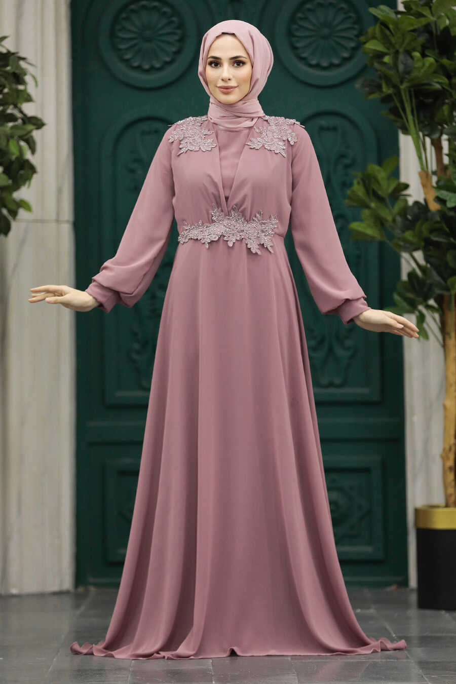 Neva Style - Plus Size Dusty Rose Modest Islamic Clothing Evening Dress 22113GK