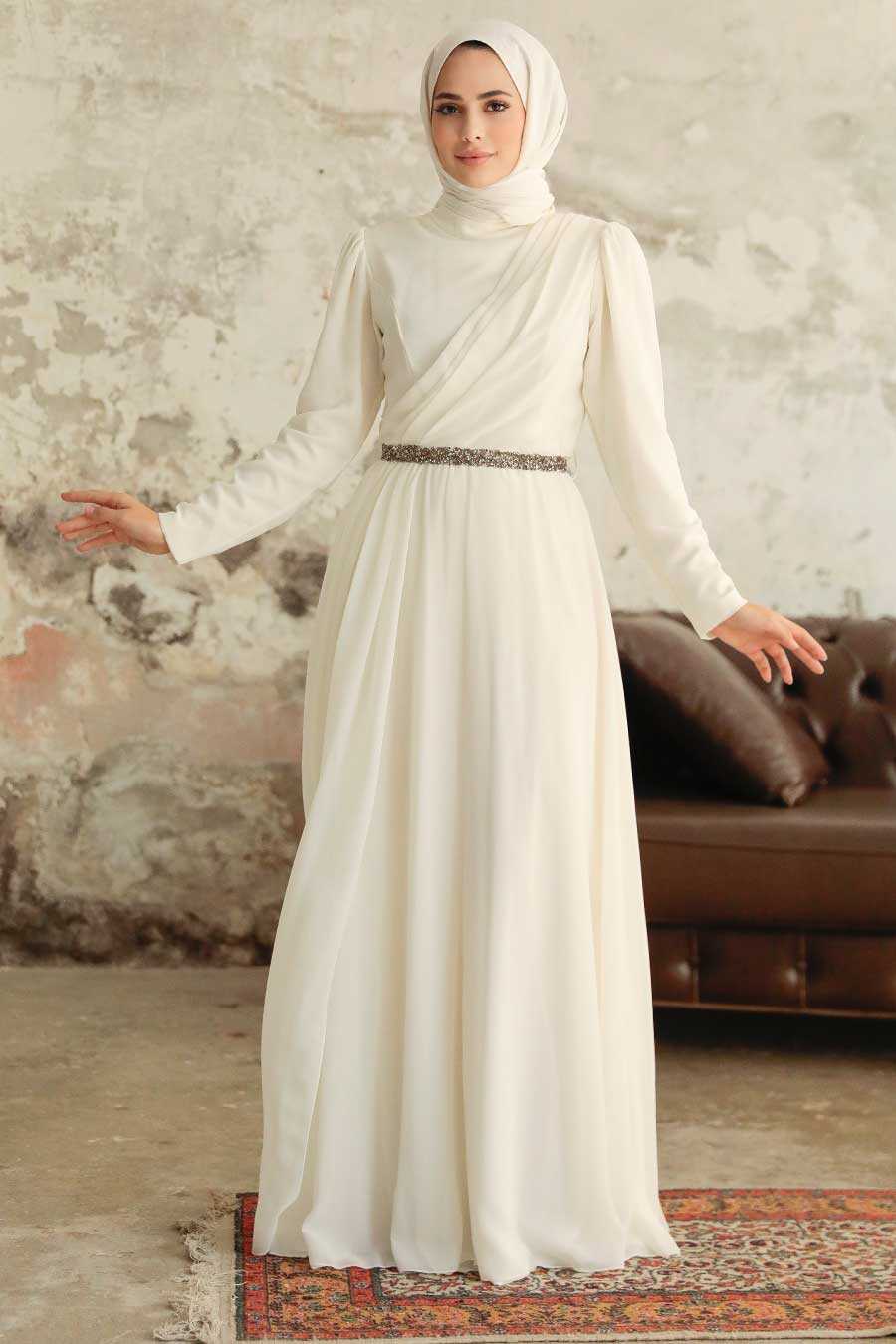 Neva Style - Plus Size Ecru Islamic Long Sleeve Dress 5737E