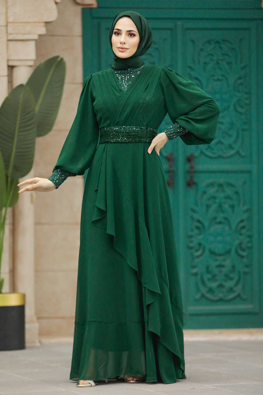 Neva Style - Plus Size Emerald Green Islamic Clothing Evening Dress 22201ZY