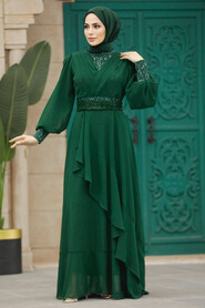 Neva Style - Plus Size Emerald Green Islamic Clothing Evening Dress 22201ZY - Thumbnail