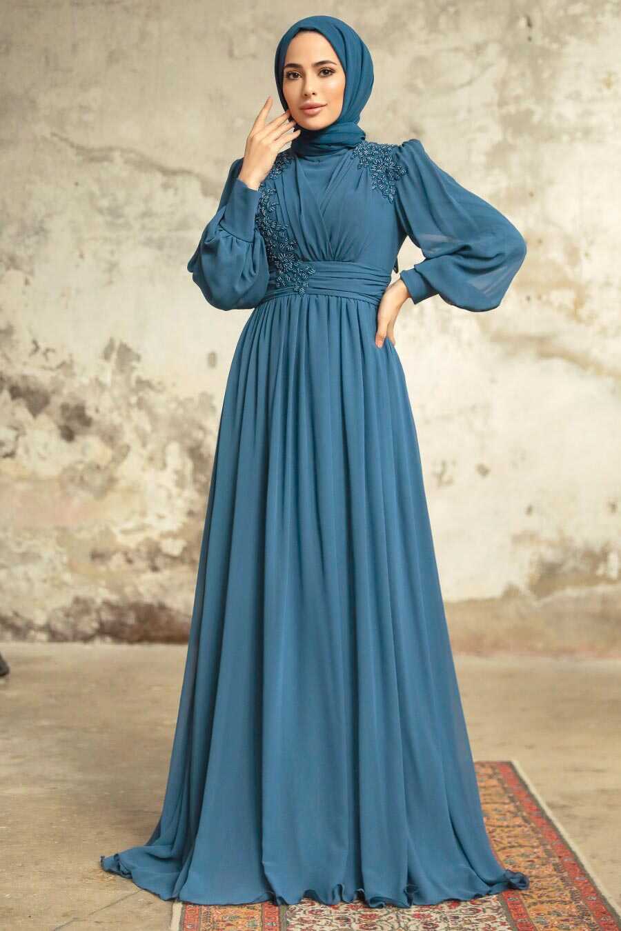 Neva Style - Plus Size Indigo Blue Islamic Clothing Evening Dress 21940IM