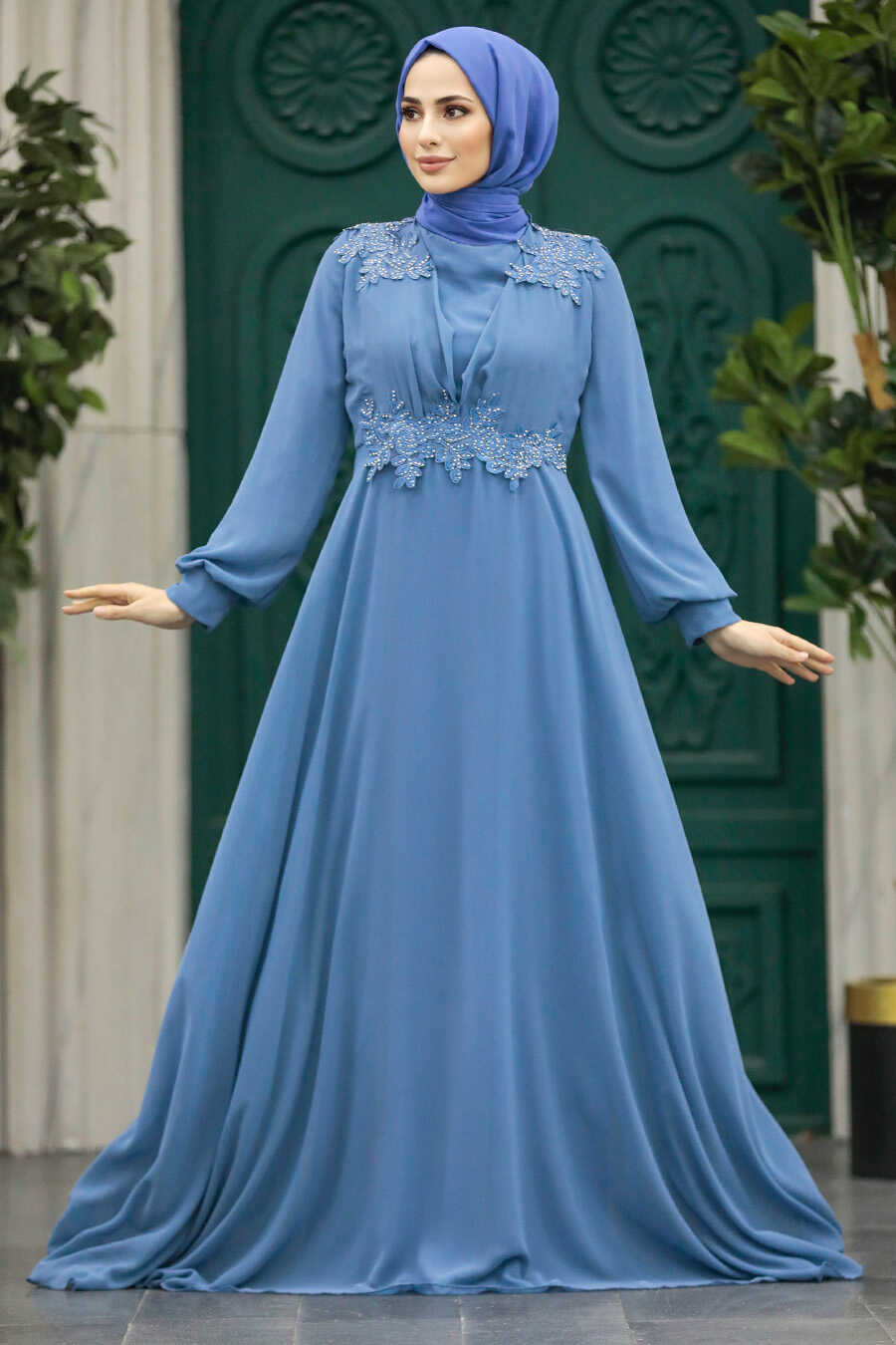 Neva Style - Plus Size İndigo Blue Modest Islamic Clothing Evening Dress 22113IM