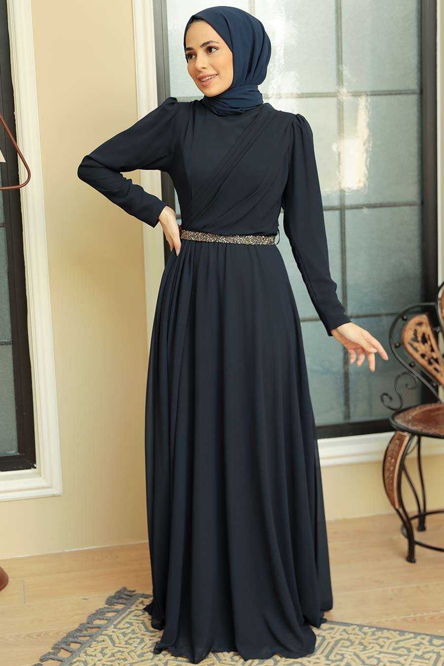 Neva Style - Plus Size Navy Blue Islamic Long Sleeve Dress 5737L