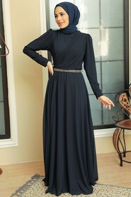 Neva Style - Plus Size Navy Blue Islamic Long Sleeve Dress 5737L - Thumbnail
