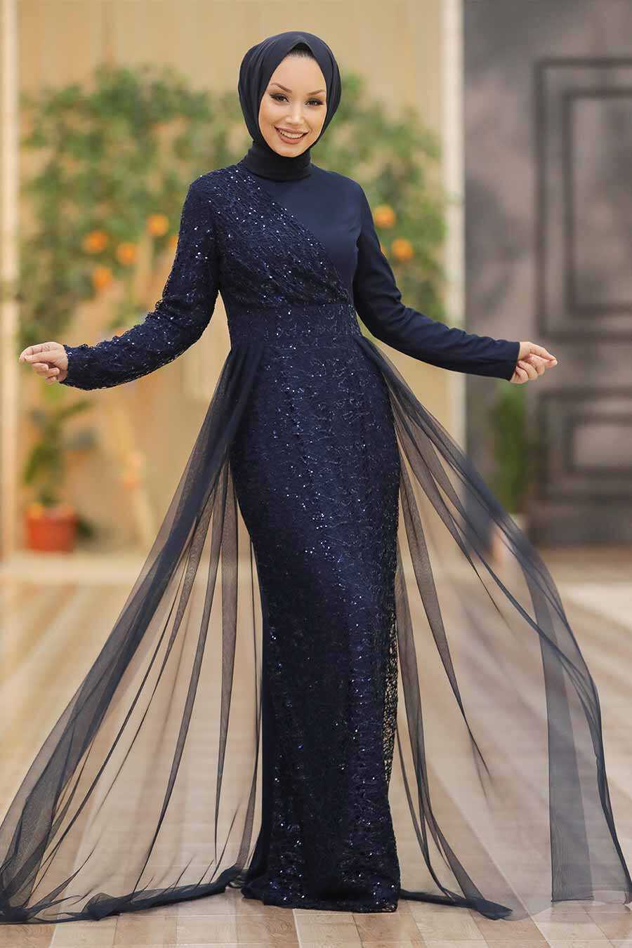 Neva Style - Plus Size Navy Blue Islamic Wedding Dress 5345L
