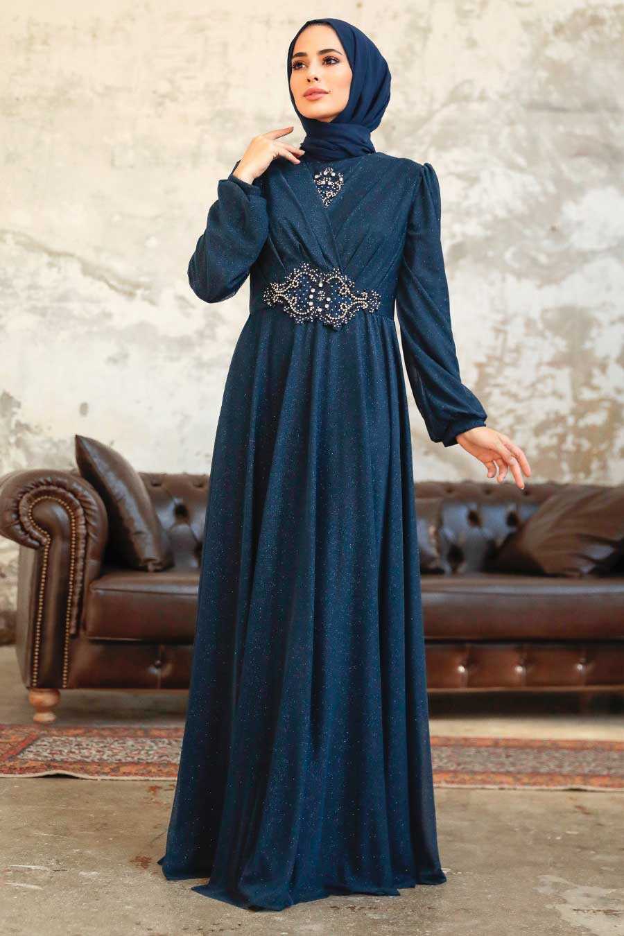 Neva Style - Plus Size Navy Blue Muslim Prom Dress 50151L