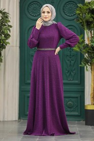 Neva Style - Plus Size Plum Color Islamic Bridesmaid Dress 22172MU - Thumbnail