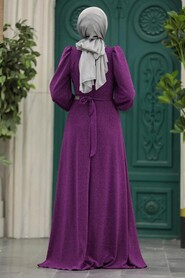 Neva Style - Plus Size Plum Color Islamic Bridesmaid Dress 22172MU - Thumbnail