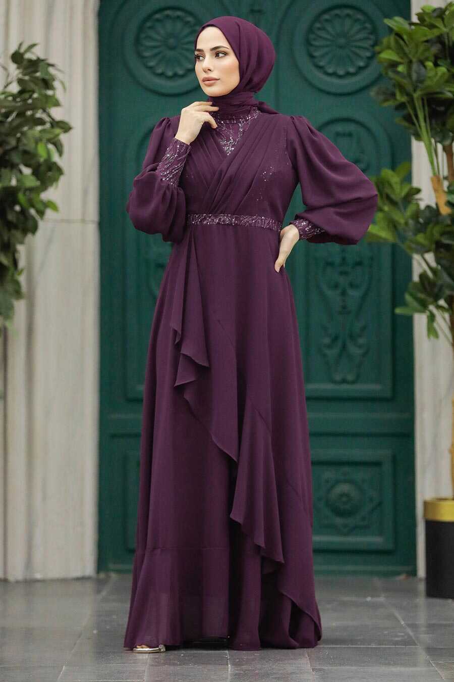 Neva Style - Plus Size Plum Color Islamic Clothing Evening Dress 22201MU