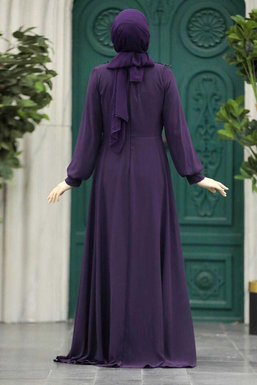 Neva Style - Plus Size Plum Color Modest Islamic Clothing Evening Dress 22113MU