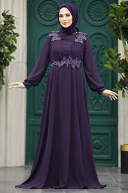 Neva Style - Plus Size Plum Color Modest Islamic Clothing Evening Dress 22113MU - Thumbnail