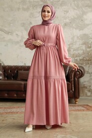Neva Style - Powder Pink Hijab Maxi Dress 5864PD - Thumbnail