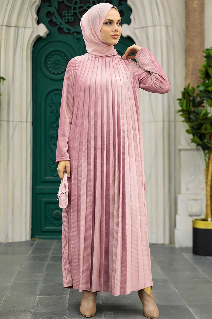 Neva Style - Powder Pink Hijab Velvet Dress 1287PD
