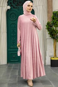 Neva Style - Powder Pink Hijab Velvet Dress 1287PD - Thumbnail
