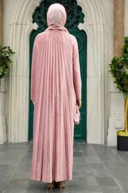 Neva Style - Powder Pink Hijab Velvet Dress 1287PD - Thumbnail