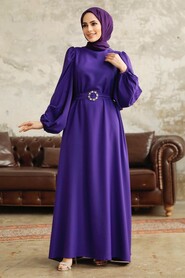 Neva Style - Purple Hijab Turkish Dress 5866MOR - Thumbnail