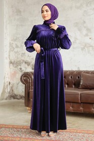 Neva Style - Purple Velvet Long Dress for Muslim Ladies 37291MOR - Thumbnail