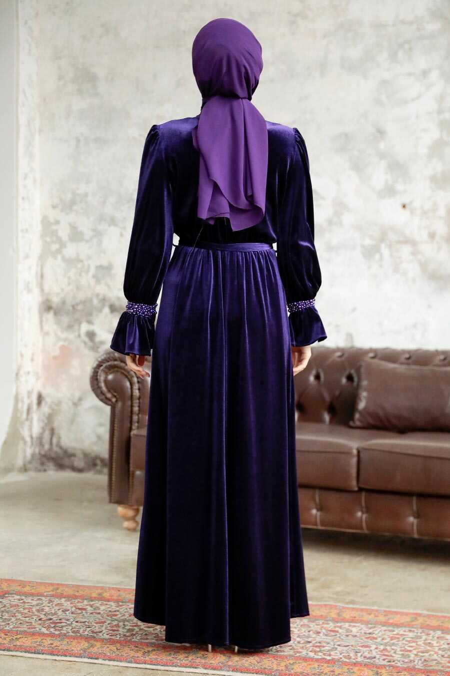 Neva Style - Purple Velvet Long Dress for Muslim Ladies 37291MOR