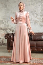 Neva Style - Salmon Pink Velvet Hijab Maxi Dress 37091SMN - Thumbnail