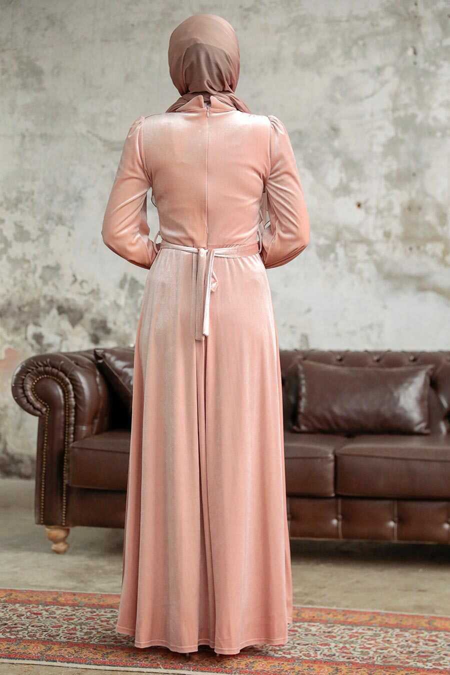 Neva Style - Salmon Pink Velvet Hijab Maxi Dress 37091SMN