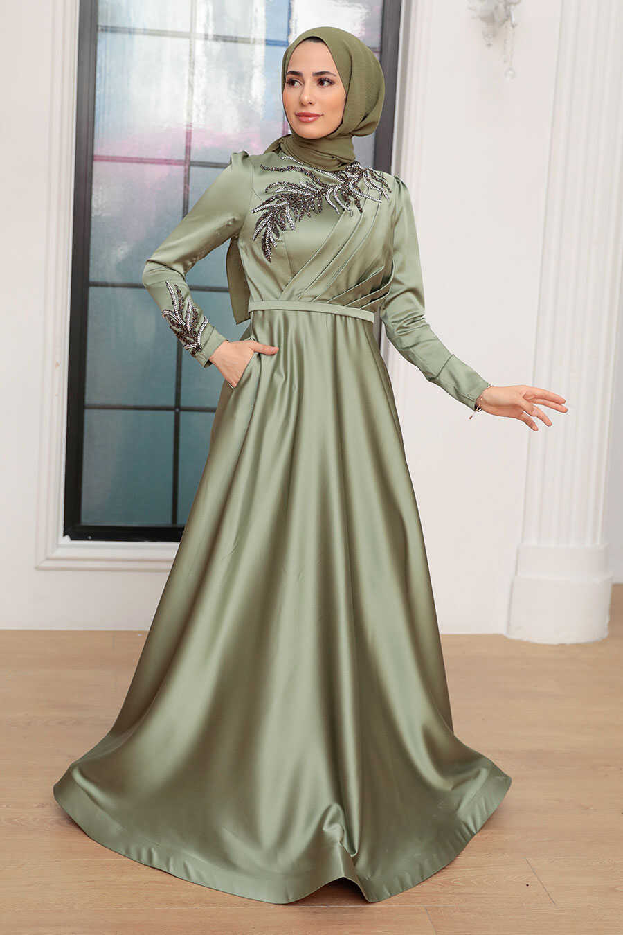 Neva Style - Satin Almond Green Hijab Wedding Gown 22401CY