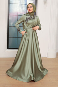 Neva Style - Satin Almond Green Hijab Wedding Gown 22401CY - Thumbnail