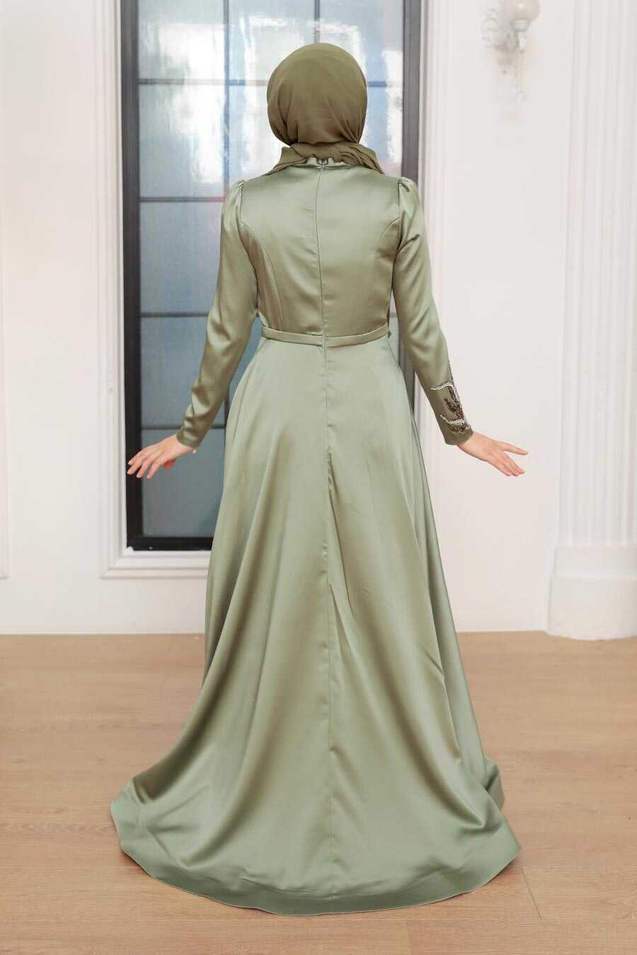 Neva Style - Satin Almond Green Hijab Wedding Gown 22401CY