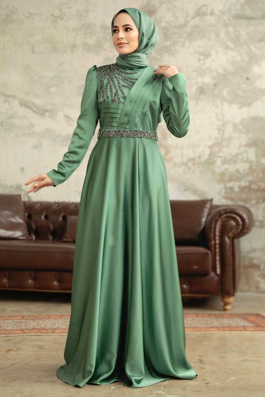 Neva Style - Satin Almond Green Islamic Wedding Dress 3967CY
