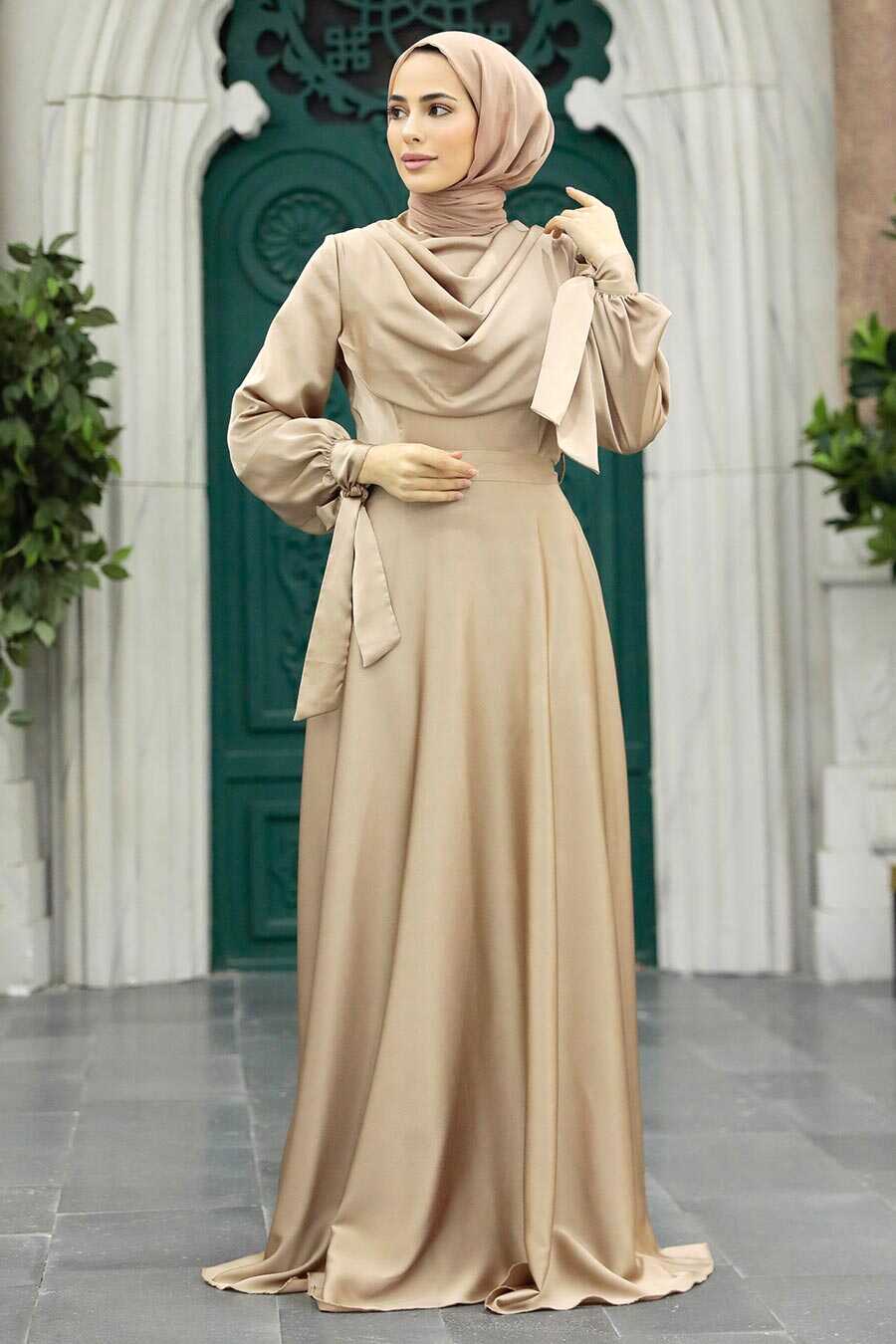 Neva Style - Satin Beige Islamic Long Sleeve Maxi Dress 38031BEJ