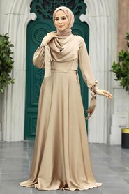 Neva Style - Satin Beige Islamic Long Sleeve Maxi Dress 38031BEJ - Thumbnail