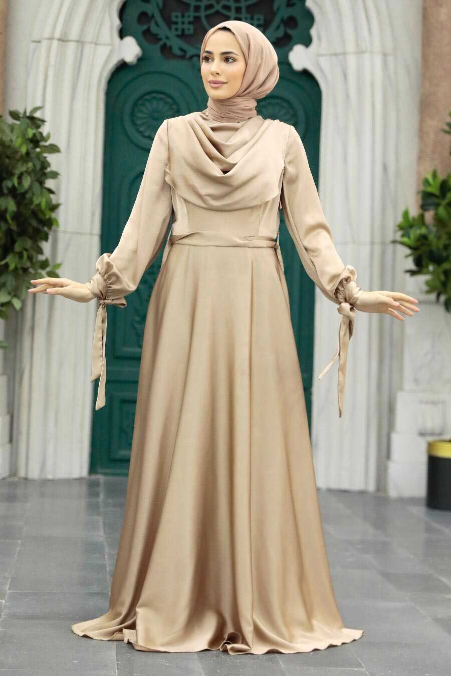 Neva Style - Satin Beige Islamic Long Sleeve Maxi Dress 38031BEJ