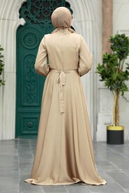 Neva Style - Satin Beige Islamic Long Sleeve Maxi Dress 38031BEJ - Thumbnail