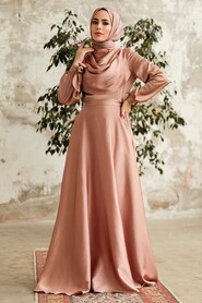 Neva Style - Satin Biscuit Islamic Long Sleeve Maxi Dress 38031BS - Thumbnail