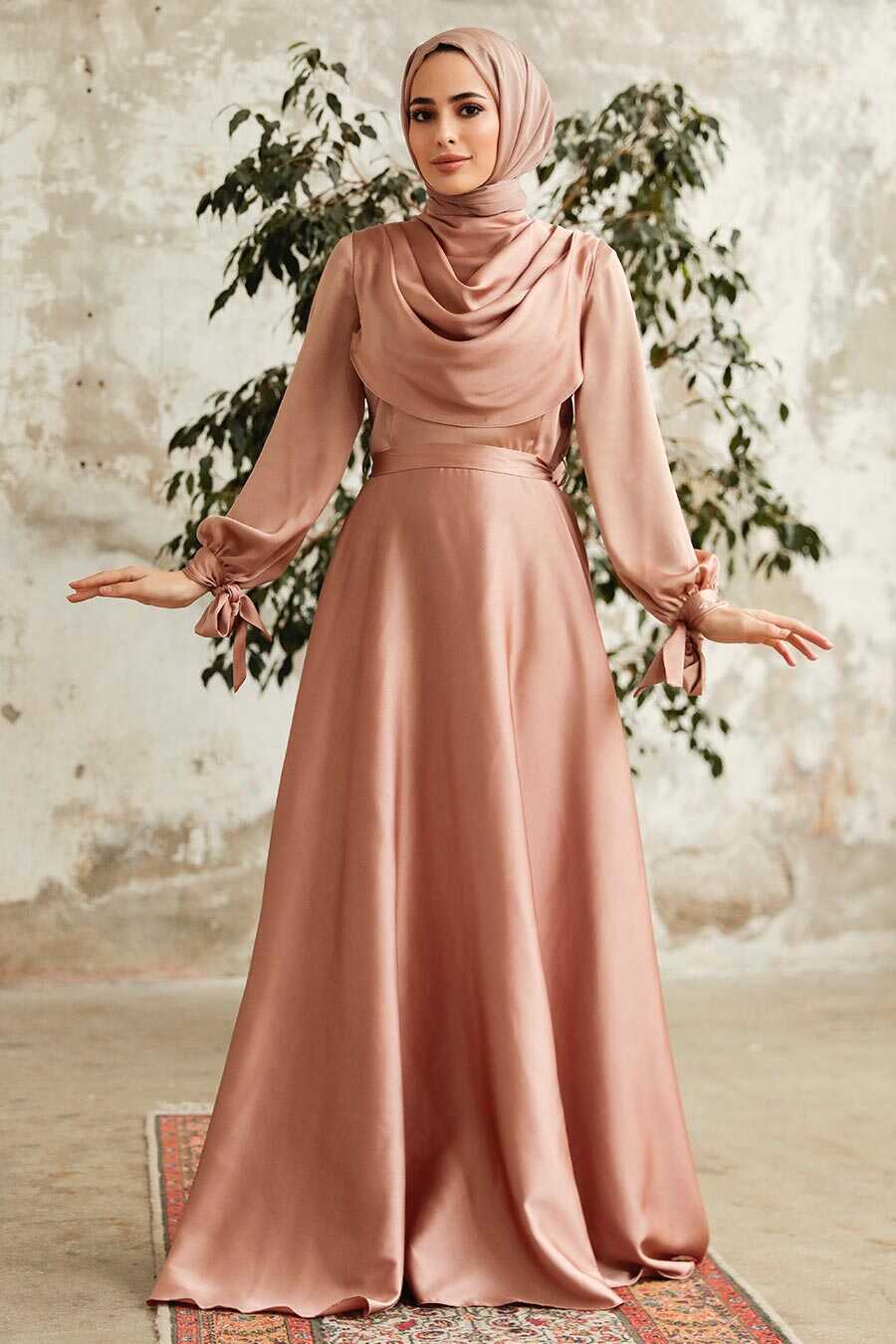 Neva Style - Satin Biscuit Islamic Long Sleeve Maxi Dress 38031BS