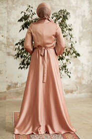 Neva Style - Satin Biscuit Islamic Long Sleeve Maxi Dress 38031BS - Thumbnail