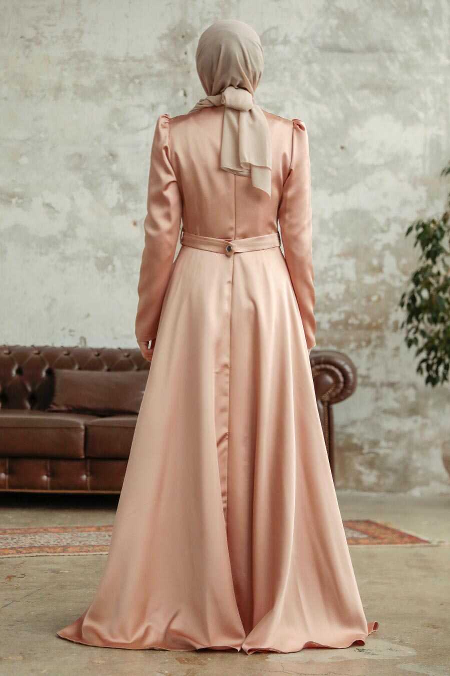 Neva Style - Satin Biscuit Islamic Wedding Dress 3967BS