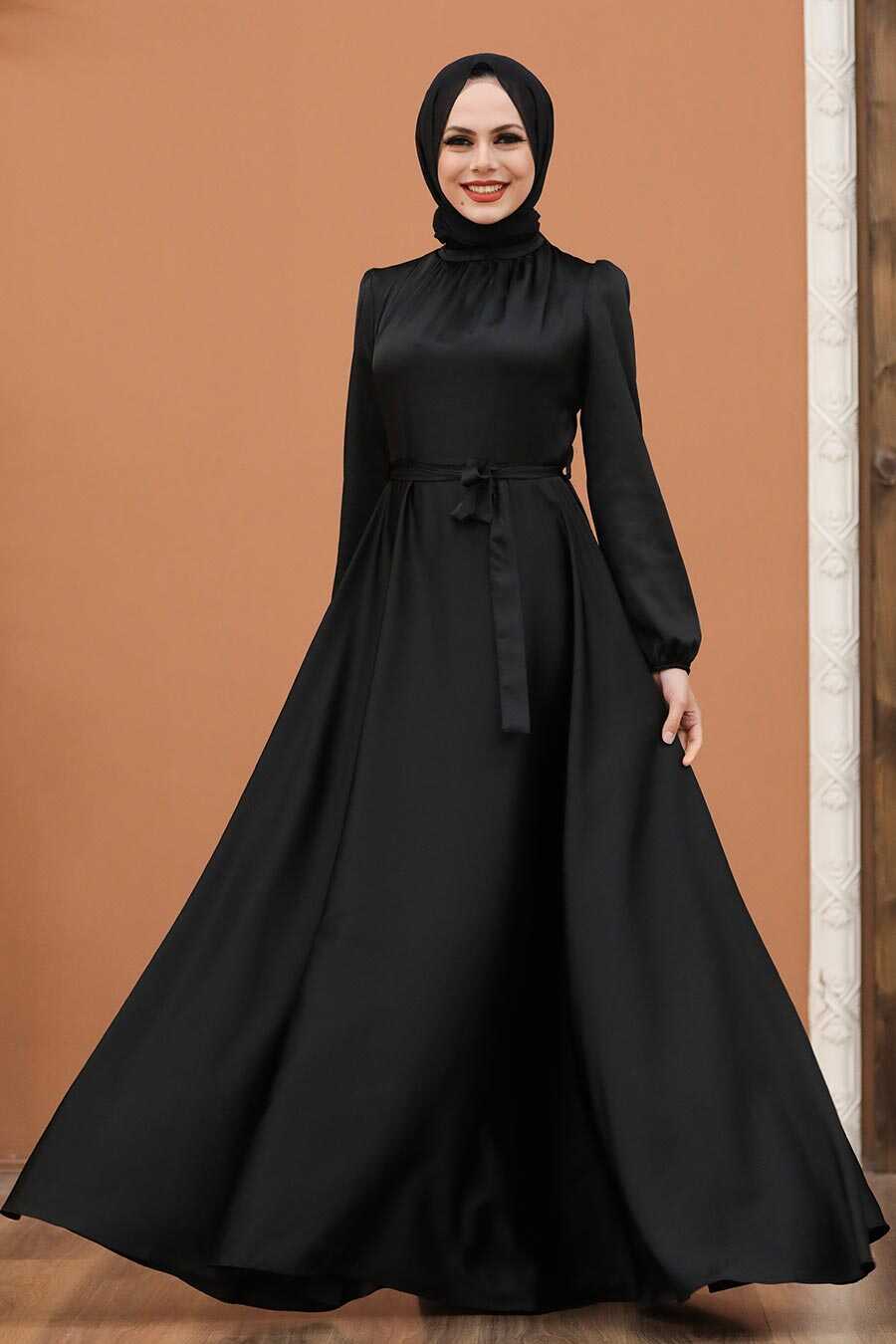 Neva Style - Satin Black Islamic Engagement Dress 25131S