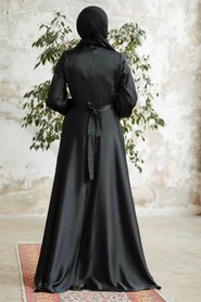 Neva Style - Satin Black Islamic Long Sleeve Maxi Dress 38031S - Thumbnail