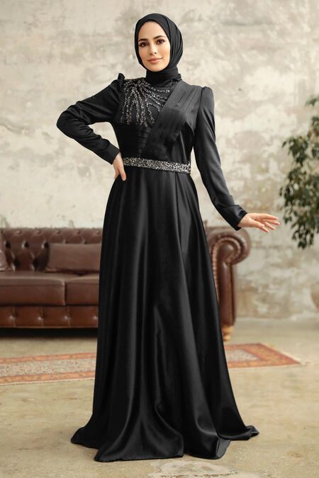Neva Style - Satin Black Islamic Wedding Dress 3967S - Neva-style.com
