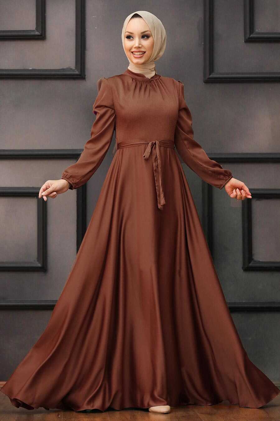 Neva Style - Satin Brown Islamic Engagement Dress 25131KH